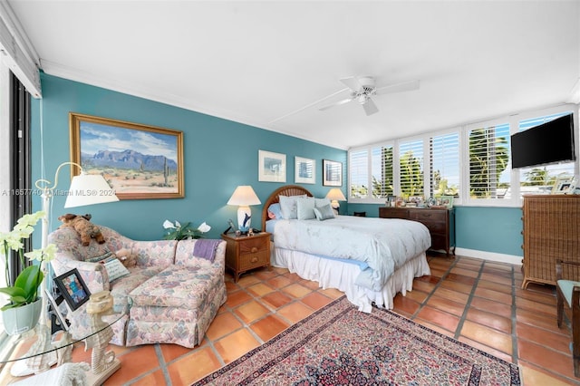 bedroom featuring light tile patterned flooring and ceiling fan