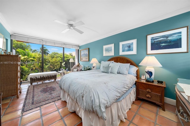 tiled bedroom featuring a wall of windows, multiple windows, ceiling fan, and ornamental molding