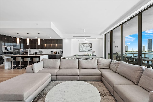 living room with a water view, light hardwood / wood-style floors, and sink