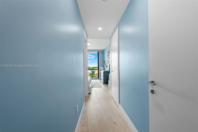 hall with a wall of windows and light hardwood / wood-style flooring