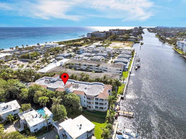 aerial view featuring a water view