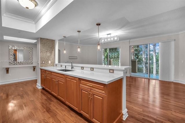 kitchen with light hardwood / wood-style flooring, decorative light fixtures, crown molding, and sink