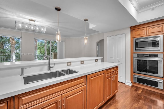 kitchen featuring ornamental molding, sink, dark wood-type flooring, hanging light fixtures, and appliances with stainless steel finishes