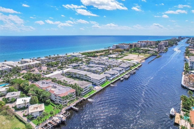 bird's eye view with a water view