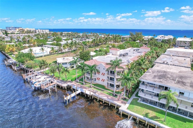 birds eye view of property featuring a water view