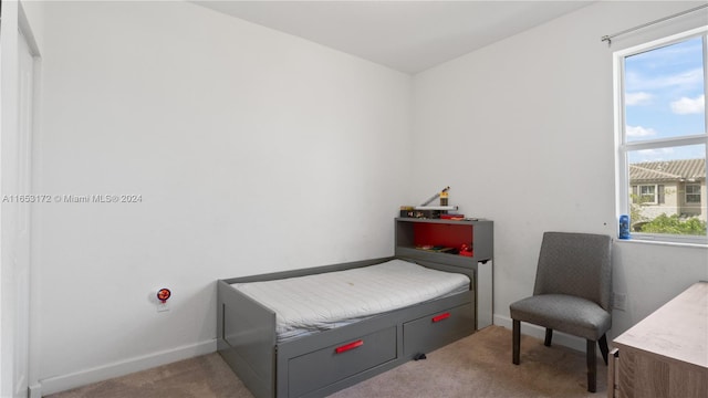 bedroom with light carpet and multiple windows