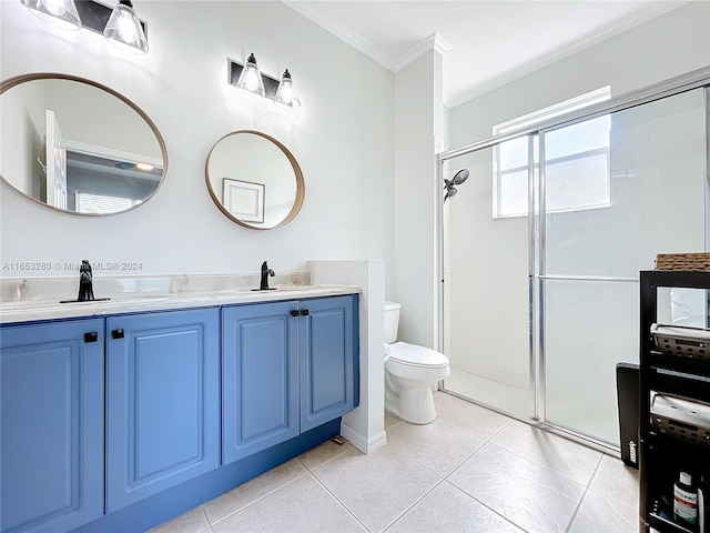 bathroom featuring toilet, walk in shower, tile patterned flooring, crown molding, and vanity