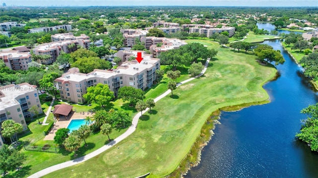 drone / aerial view with a water view