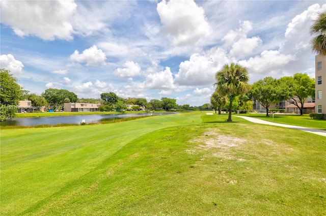 view of property's community featuring a water view and a yard