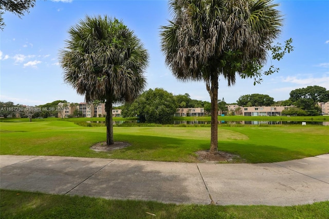 view of community with a water view and a yard