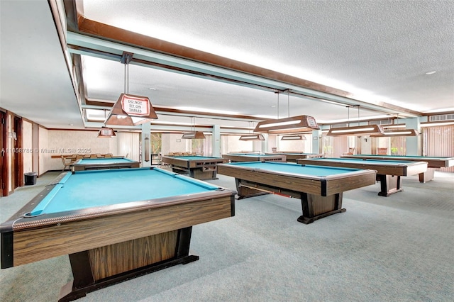 rec room with pool table, carpet flooring, visible vents, and a textured ceiling