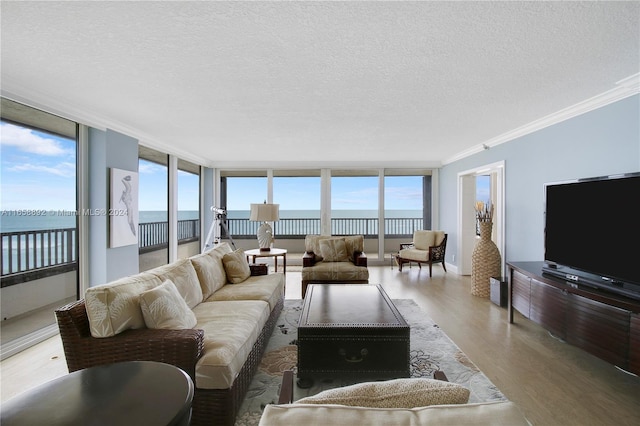 living room with a textured ceiling, wood-type flooring, a water view, and crown molding