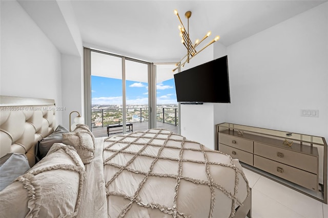 tiled bedroom with a wall of windows and an inviting chandelier