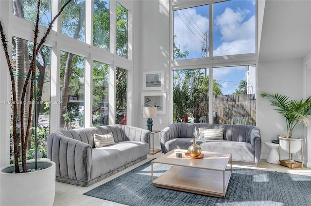 living room with a high ceiling