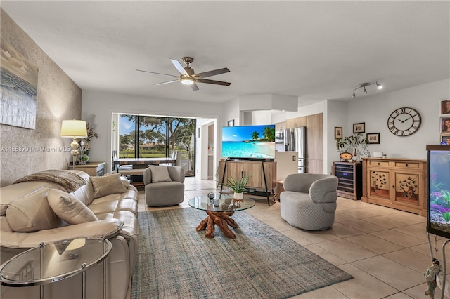 3507 Emerald Oaks Dr Unit 1804, Hollywood, FL 33021 - living area featuring beverage cooler, a ceiling fan, and light tile patterned floors