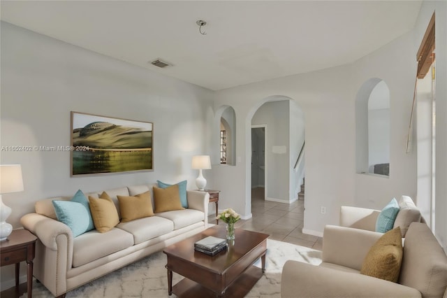 living room featuring light tile patterned floors