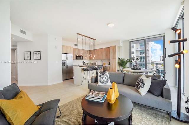 living room with light hardwood / wood-style flooring and sink