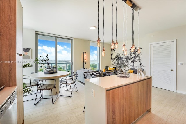 kitchen featuring stainless steel dishwasher, floor to ceiling windows, and pendant lighting