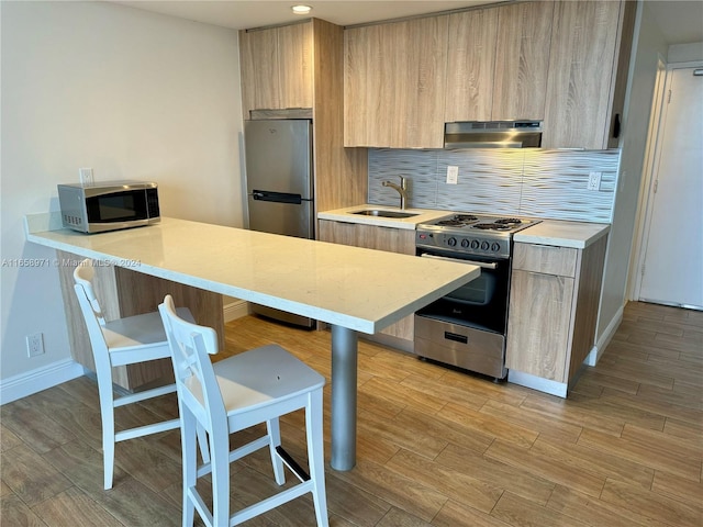 kitchen with appliances with stainless steel finishes, light hardwood / wood-style flooring, ventilation hood, and sink