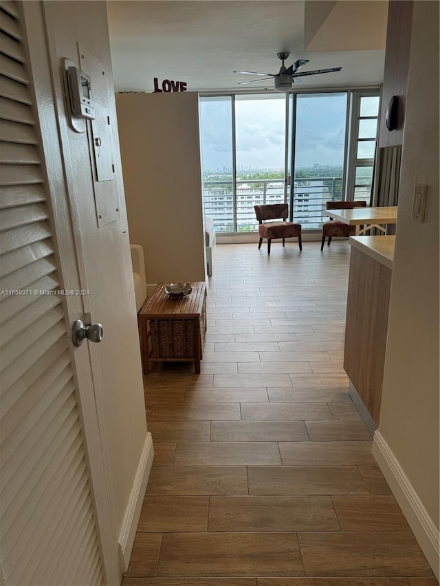 hallway with a wealth of natural light, floor to ceiling windows, and light wood-type flooring