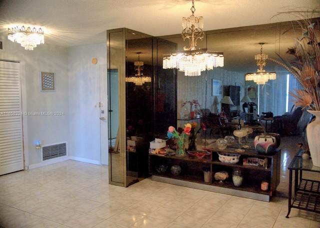 living room with a chandelier