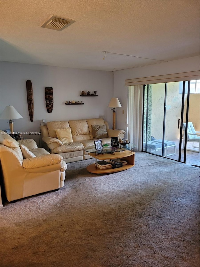 carpeted living room featuring a textured ceiling