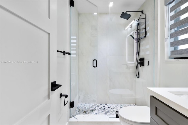 bathroom featuring vanity, toilet, and a shower with shower door