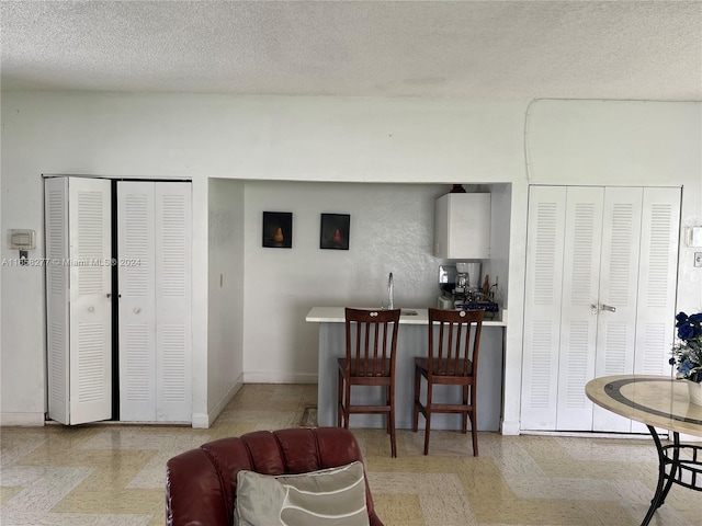 living room with a textured ceiling