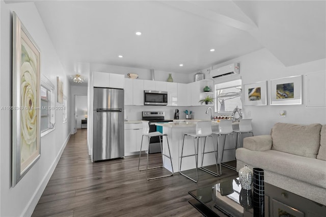 living room featuring dark hardwood / wood-style flooring, a wall unit AC, and sink