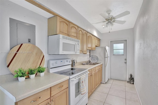 kitchen featuring light tile patterned floors, ceiling fan, light brown cabinets, and white appliances