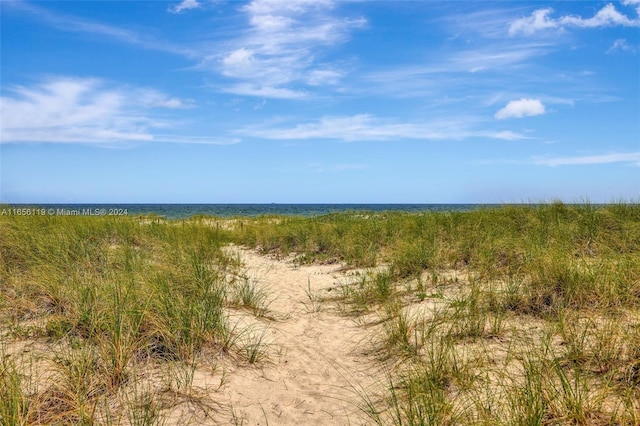 view of landscape featuring a water view and a view of the beach