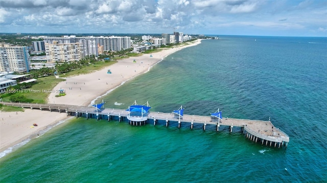 bird's eye view featuring a view of the beach and a water view