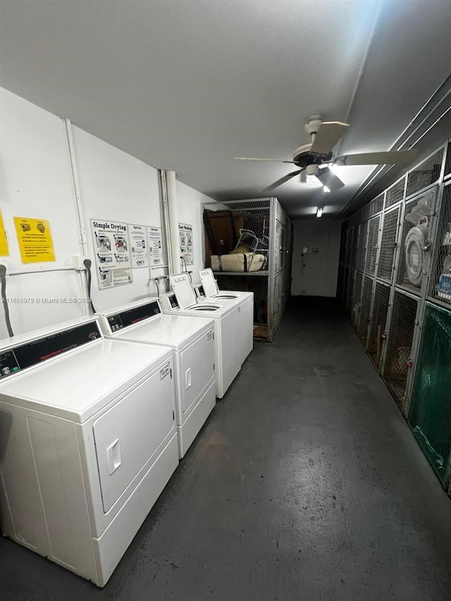 washroom featuring independent washer and dryer and ceiling fan