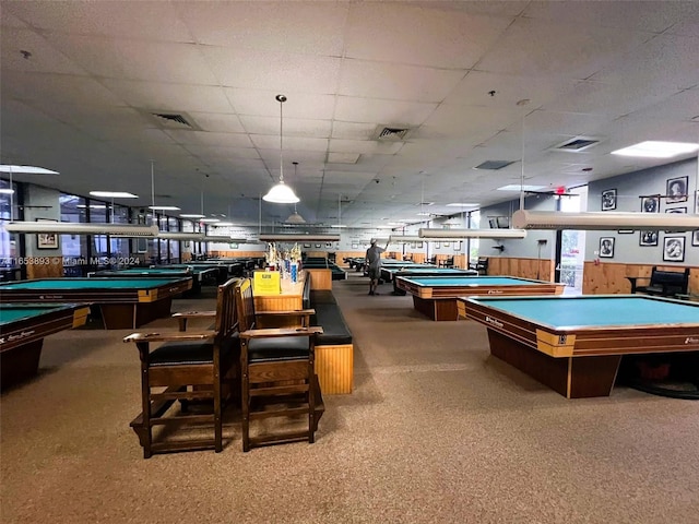 game room with pool table and a paneled ceiling