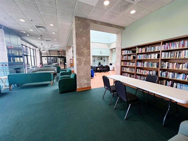 carpeted office space featuring a drop ceiling