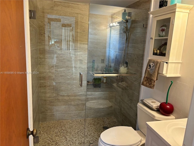 bathroom with vanity, toilet, and a shower with shower door