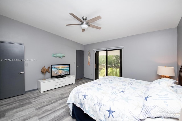 bedroom featuring vaulted ceiling, access to outside, light hardwood / wood-style flooring, and ceiling fan