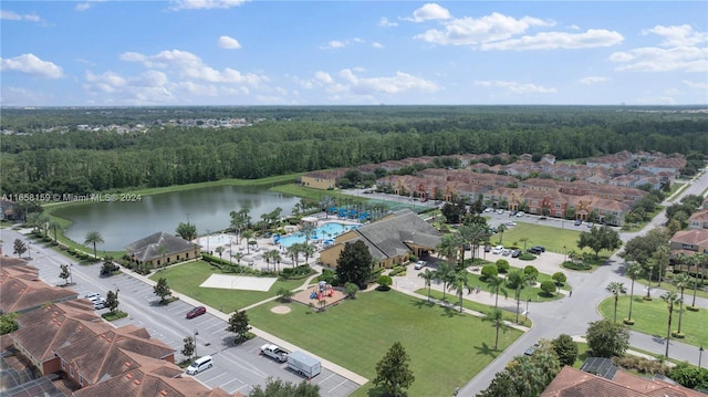 drone / aerial view featuring a water view