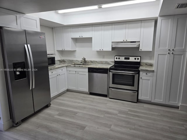 kitchen featuring white cabinets, appliances with stainless steel finishes, light hardwood / wood-style floors, and sink