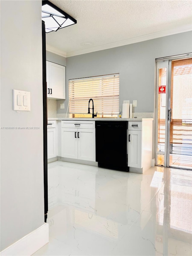 kitchen featuring a wealth of natural light, dishwasher, white cabinetry, and a textured ceiling