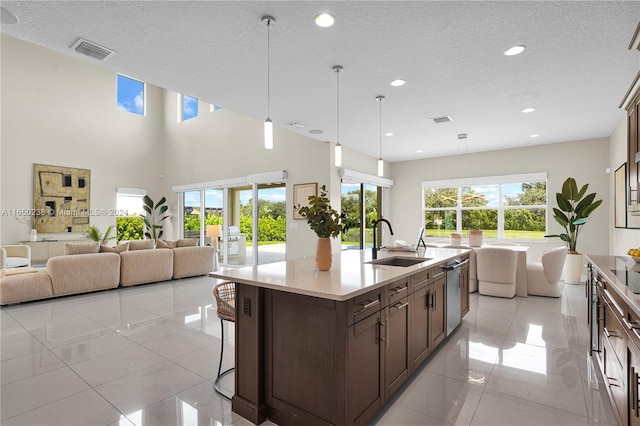 kitchen featuring a healthy amount of sunlight, a textured ceiling, sink, and a kitchen island with sink