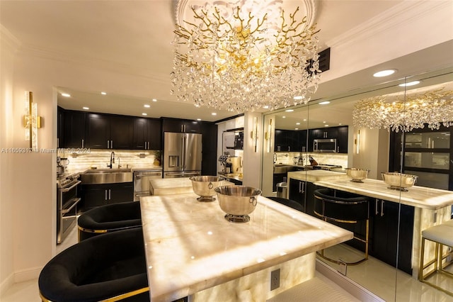 interior space with crown molding, sink, and light tile patterned flooring