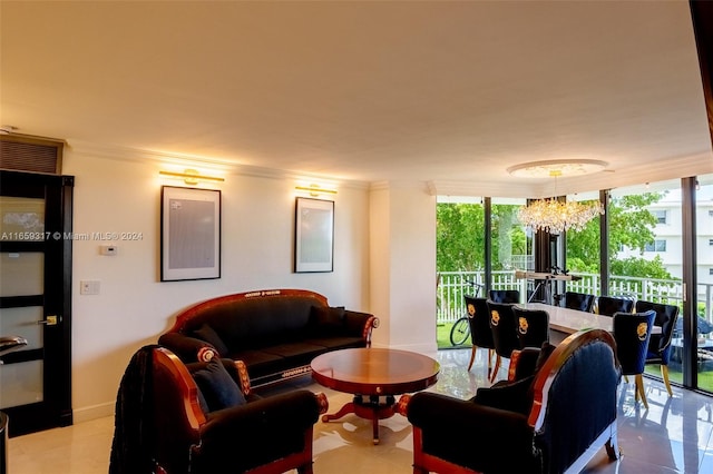 living room featuring a wall of windows, a chandelier, crown molding, and a healthy amount of sunlight