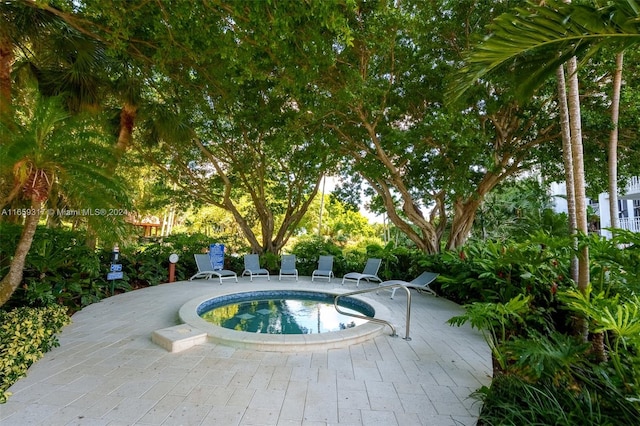 view of pool with a hot tub and a patio