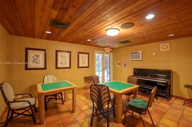 rec room featuring wooden ceiling, french doors, and light tile patterned flooring