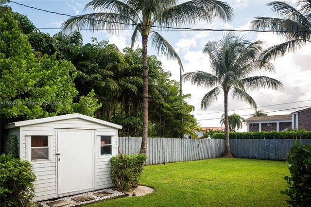 view of yard featuring a storage unit