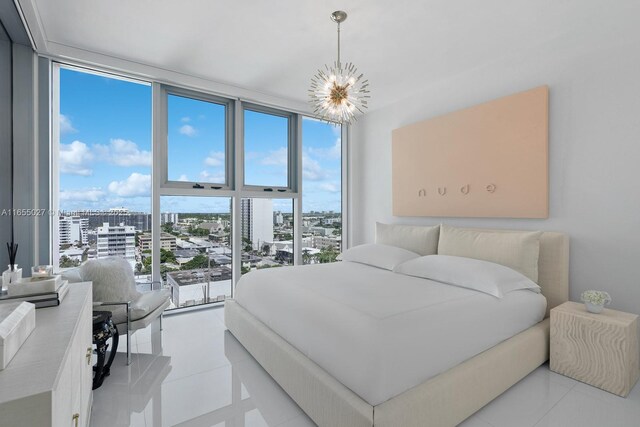 bedroom with multiple windows, expansive windows, a chandelier, and light tile patterned flooring