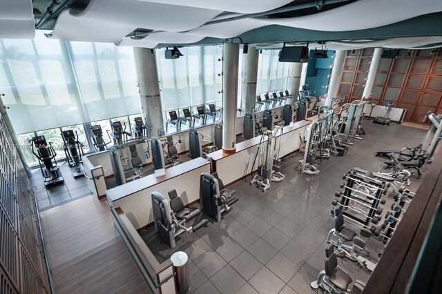 workout area with hardwood / wood-style floors and ceiling fan