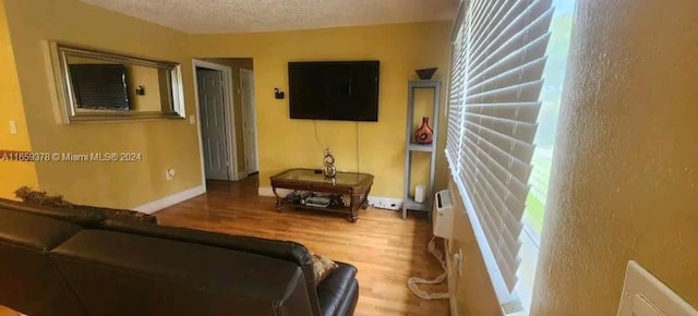 living room featuring hardwood / wood-style flooring and a textured ceiling