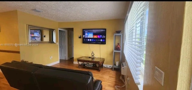 living room with wood-type flooring and a textured ceiling